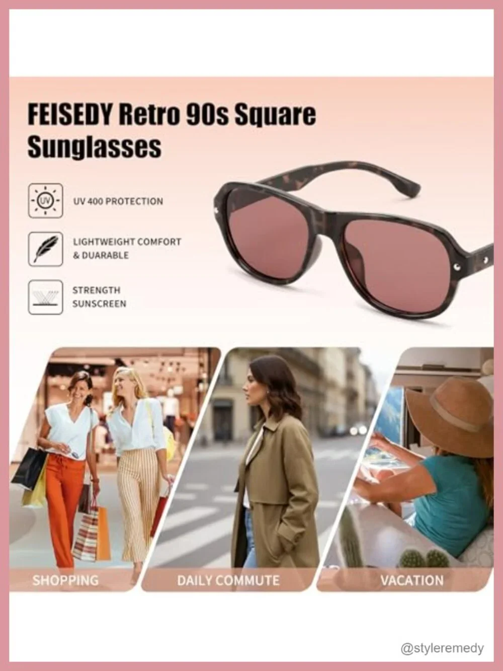 Vintage Square Aviator Sunglasses UV400 Protection Lightweight